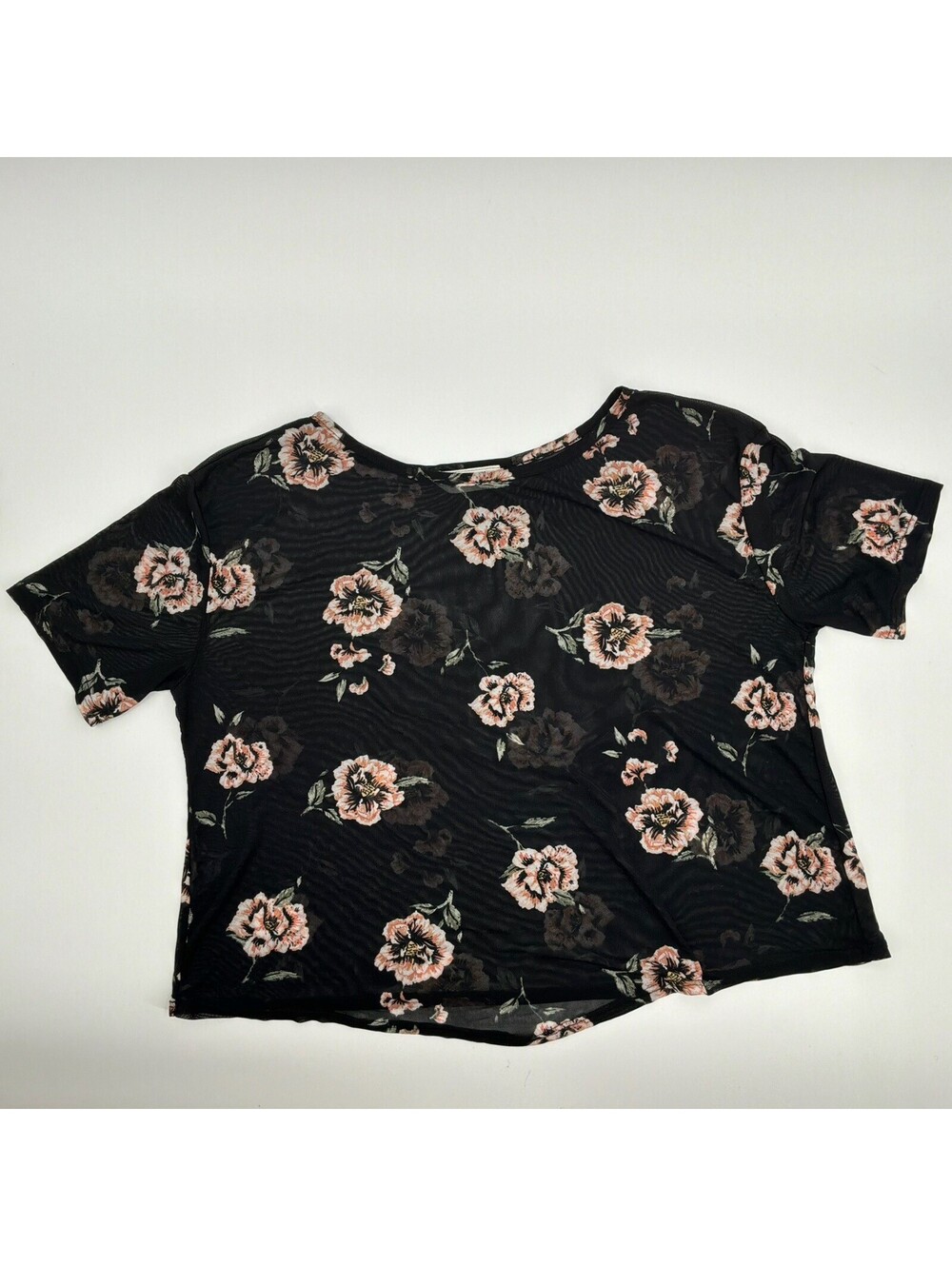 Urban Rebel Black Mesh Rose Print Crop Top Tee Shirt Size M